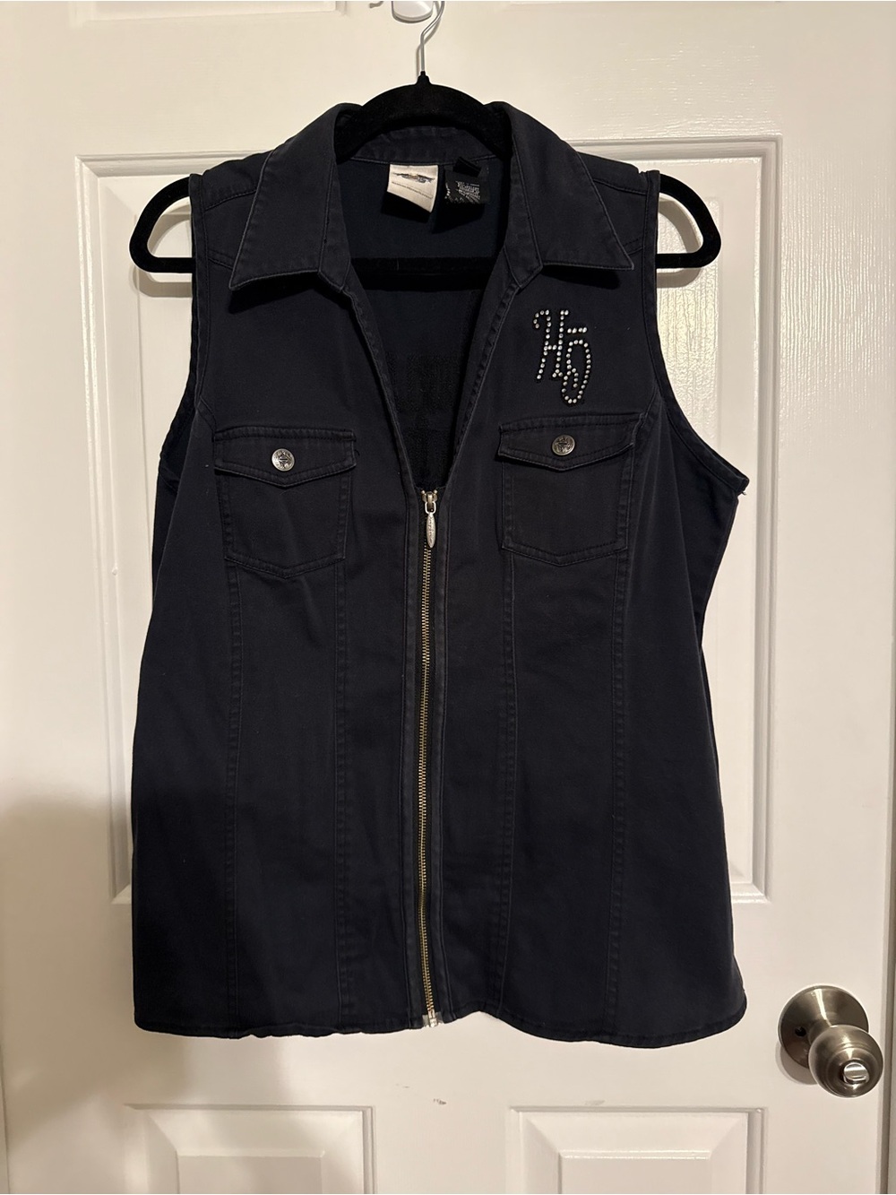 Harley Davidson Rhinestone Wings Zip Denim Vest Black XL